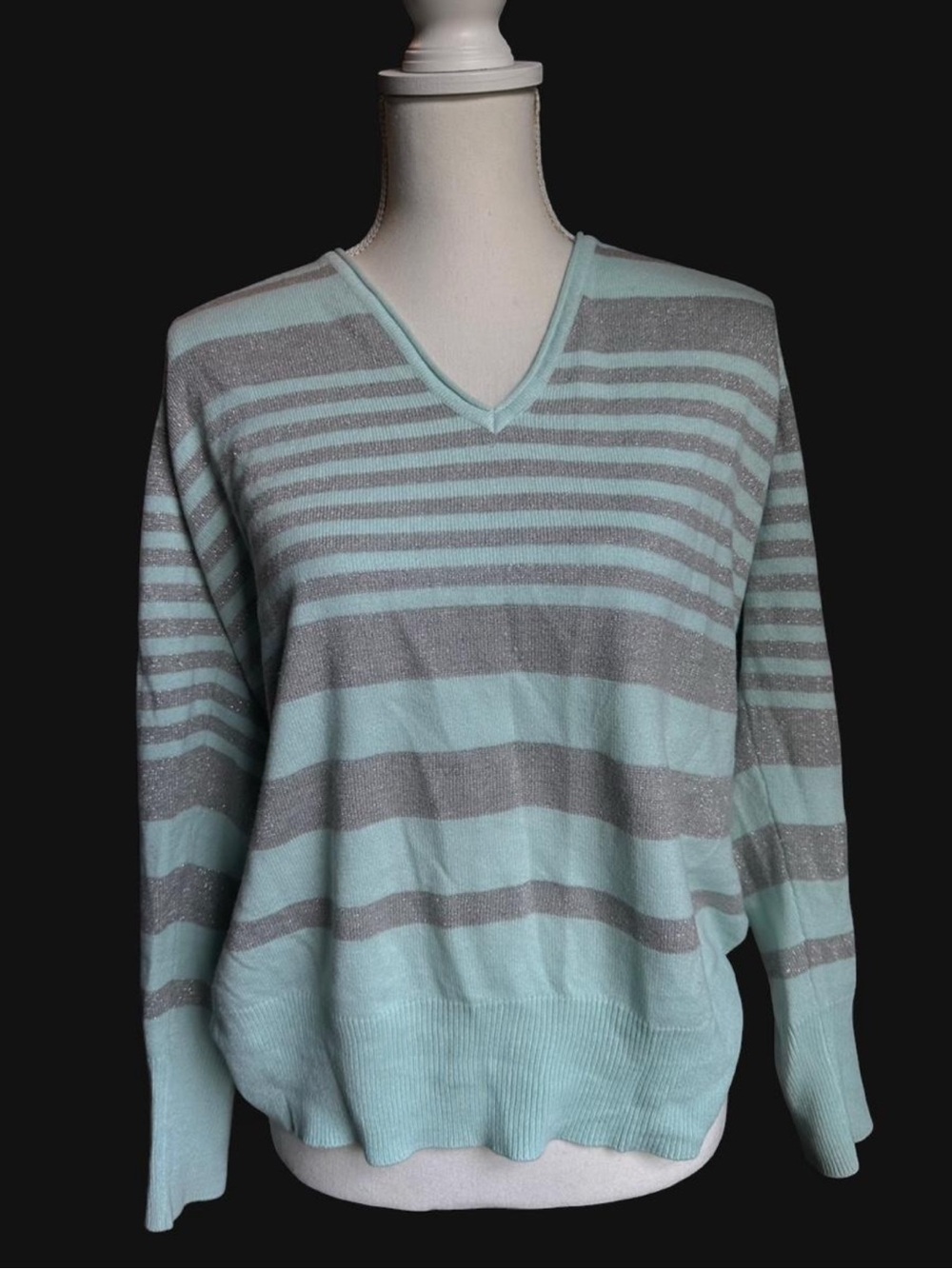 Striped V-Neck Sweater in Mint and Silver